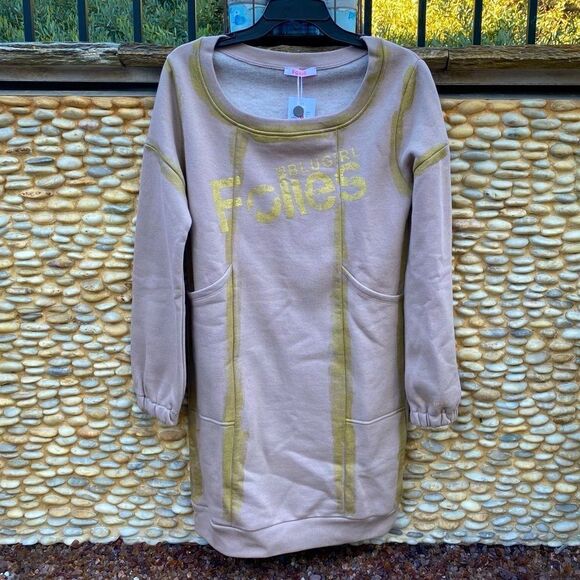 NWT New Blugirl Folies Beige w/Gold Logo Sweater Dress. Size 42 (US Medium) - Picture 9 of 11